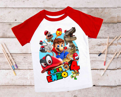Mario Birthday Custom T Shirt, Personalized Family shirt, All colors, All Sizes, Short, 3/4 & Long Raglan Sleeves