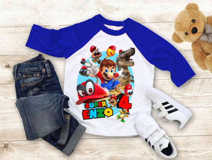 Mario Birthday Custom T Shirt, Personalized Family shirt, All colors, All Sizes, Short, 3/4 & Long Raglan Sleeves
