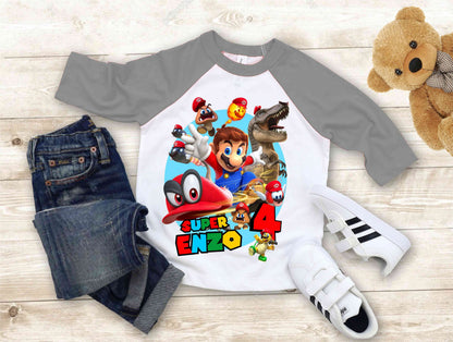 Mario Birthday Custom T Shirt, Personalized Family shirt, All colors, All Sizes, Short, 3/4 & Long Raglan Sleeves