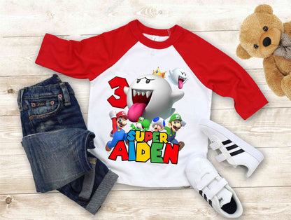 Mario Birthday Custom T Shirt, Personalized Family shirt, All colors, All Sizes, Short, 3/4 & Long Raglan Sleeves