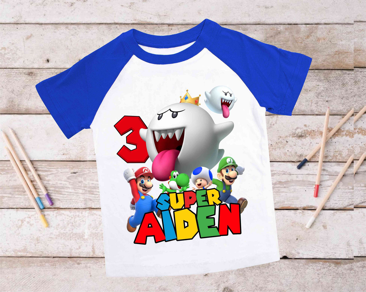 Mario Birthday Custom T Shirt, Personalized Family shirt, All colors, All Sizes, Short, 3/4 & Long Raglan Sleeves