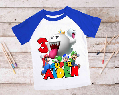 Mario Birthday Custom T Shirt, Personalized Family shirt, All colors, All Sizes, Short, 3/4 & Long Raglan Sleeves