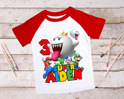 Mario Birthday Custom T Shirt, Personalized Family shirt, All colors, All Sizes, Short, 3/4 & Long Raglan Sleeves