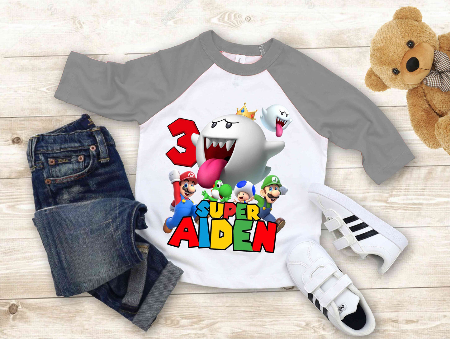 Mario Birthday Custom T Shirt, Personalized Family shirt, All colors, All Sizes, Short, 3/4 & Long Raglan Sleeves