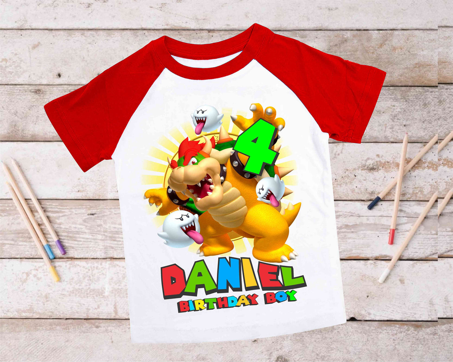 Mario Birthday Custom T Shirt, Personalized Family shirt, All colors, All Sizes, Short, 3/4 & Long Raglan Sleeves