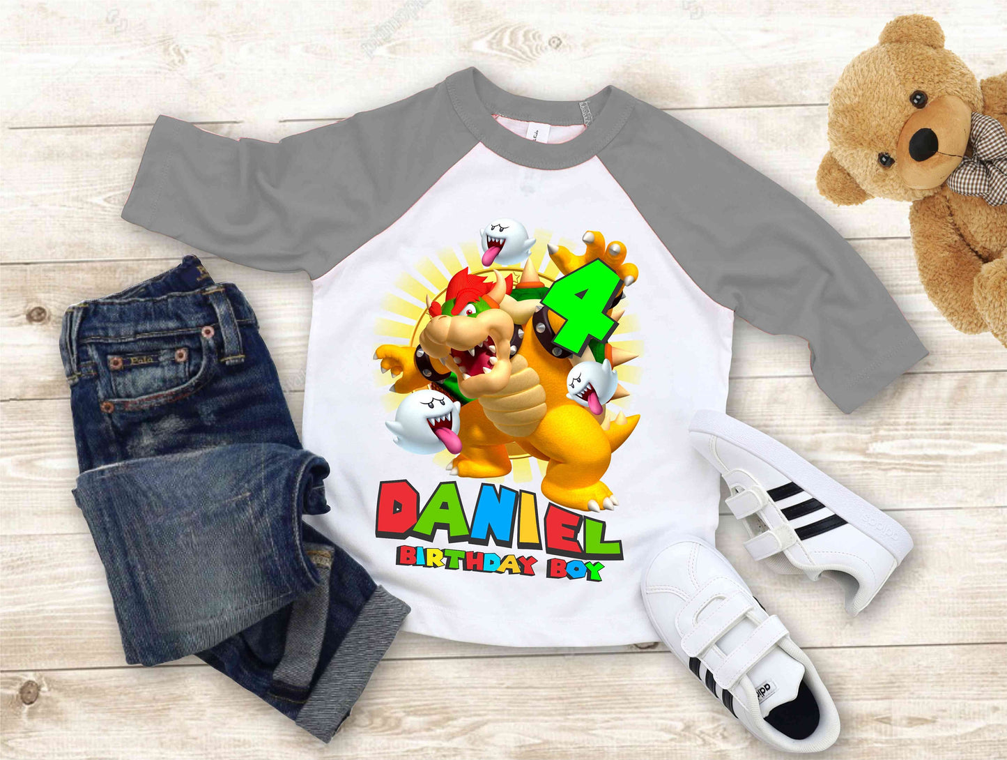 Mario Birthday Custom T Shirt, Personalized Family shirt, All colors, All Sizes, Short, 3/4 & Long Raglan Sleeves