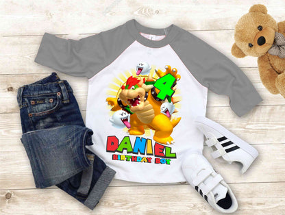 Mario Birthday Custom T Shirt, Personalized Family shirt, All colors, All Sizes, Short, 3/4 & Long Raglan Sleeves