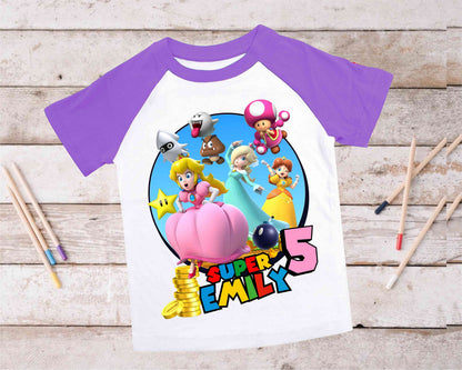 Mario Birthday Custom T Shirt, Personalized Family shirt, All colors, All Sizes, Short, 3/4 & Long Raglan Sleeves