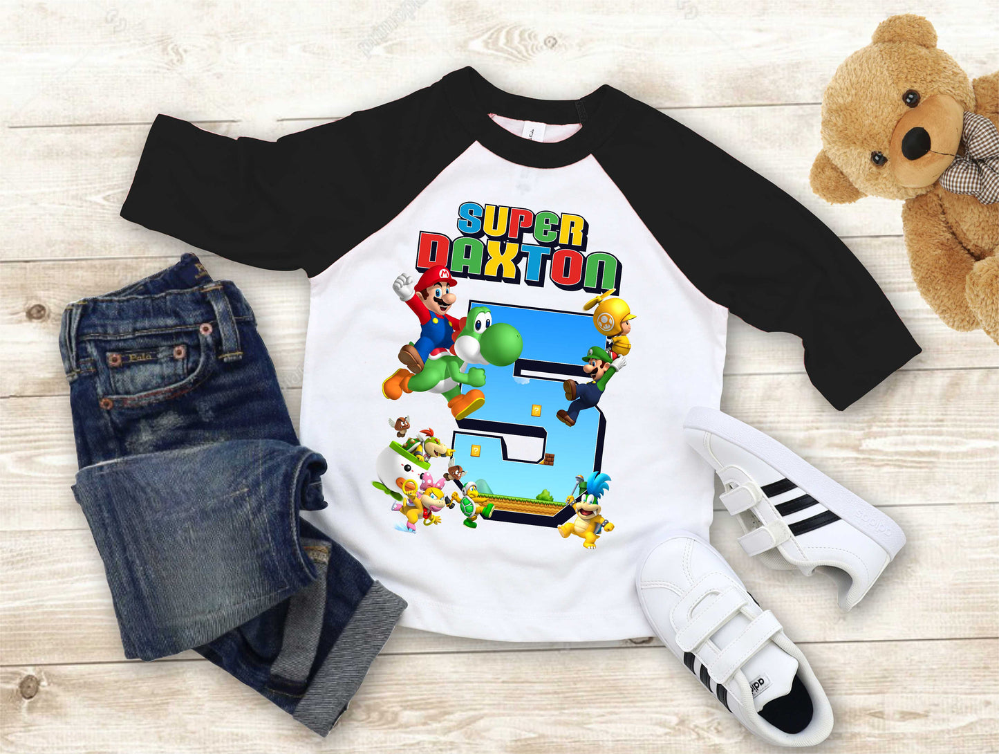 Mario Birthday Custom T Shirt, Personalized Family shirt, All colors, All Sizes, Short, 3/4 & Long Raglan Sleeves