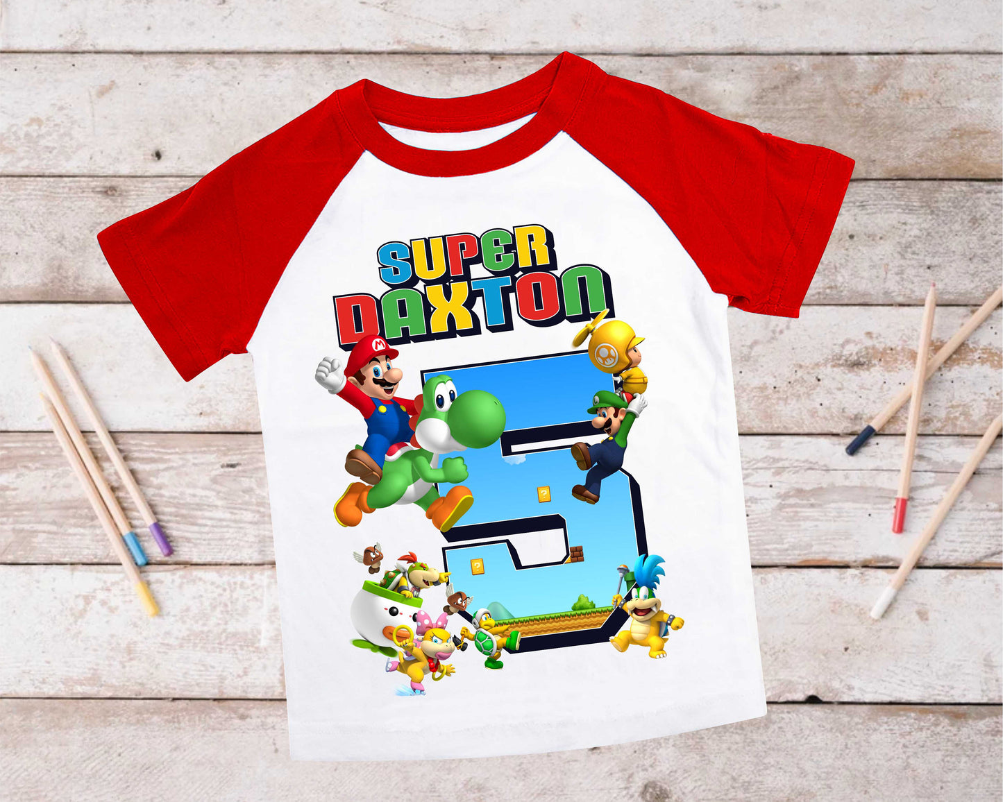 Mario Birthday Custom T Shirt, Personalized Family shirt, All colors, All Sizes, Short, 3/4 & Long Raglan Sleeves