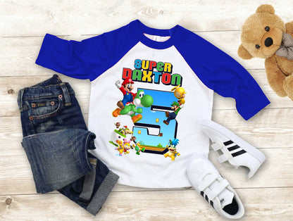 Mario Birthday Custom T Shirt, Personalized Family shirt, All colors, All Sizes, Short, 3/4 & Long Raglan Sleeves