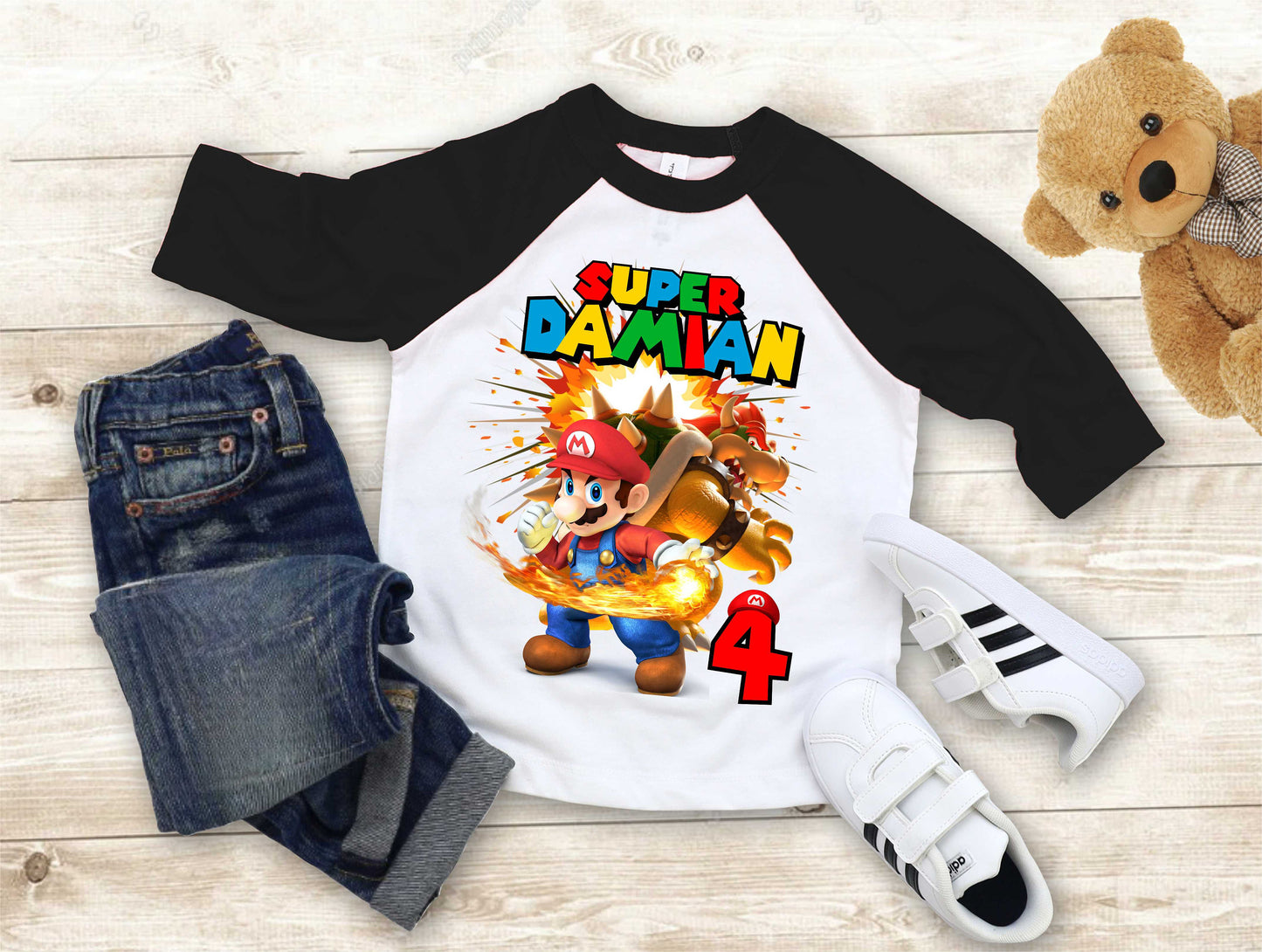Mario Birthday Custom T Shirt, Personalized Family shirt, All colors, All Sizes, Short, 3/4 & Long Raglan Sleeves