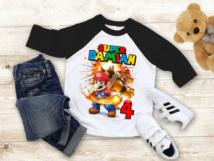 Mario Birthday Custom T Shirt, Personalized Family shirt, All colors, All Sizes, Short, 3/4 & Long Raglan Sleeves