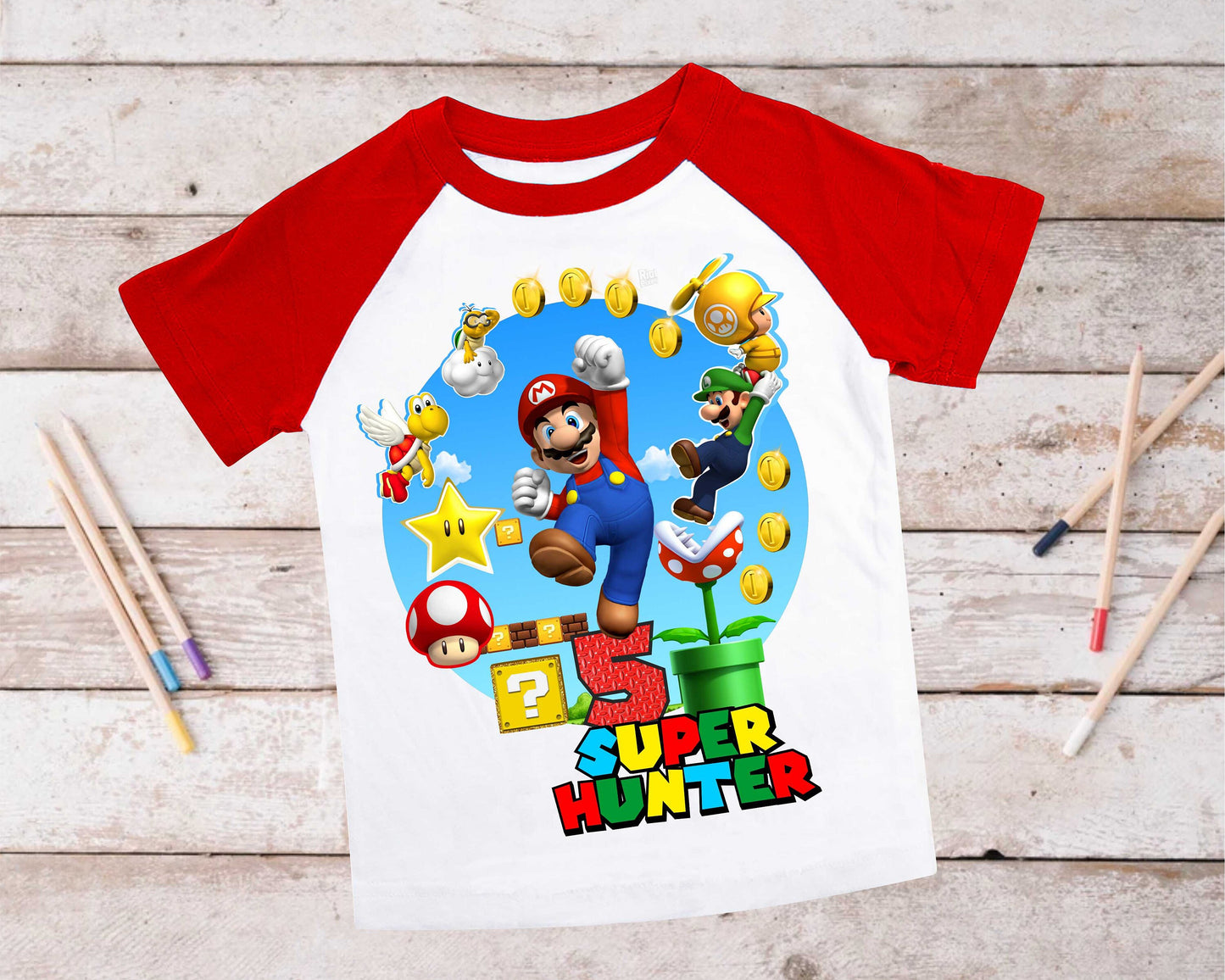 Mario Birthday Custom T Shirt, Personalized Family shirt, All colors, All Sizes, Short, 3/4 & Long Raglan Sleeves