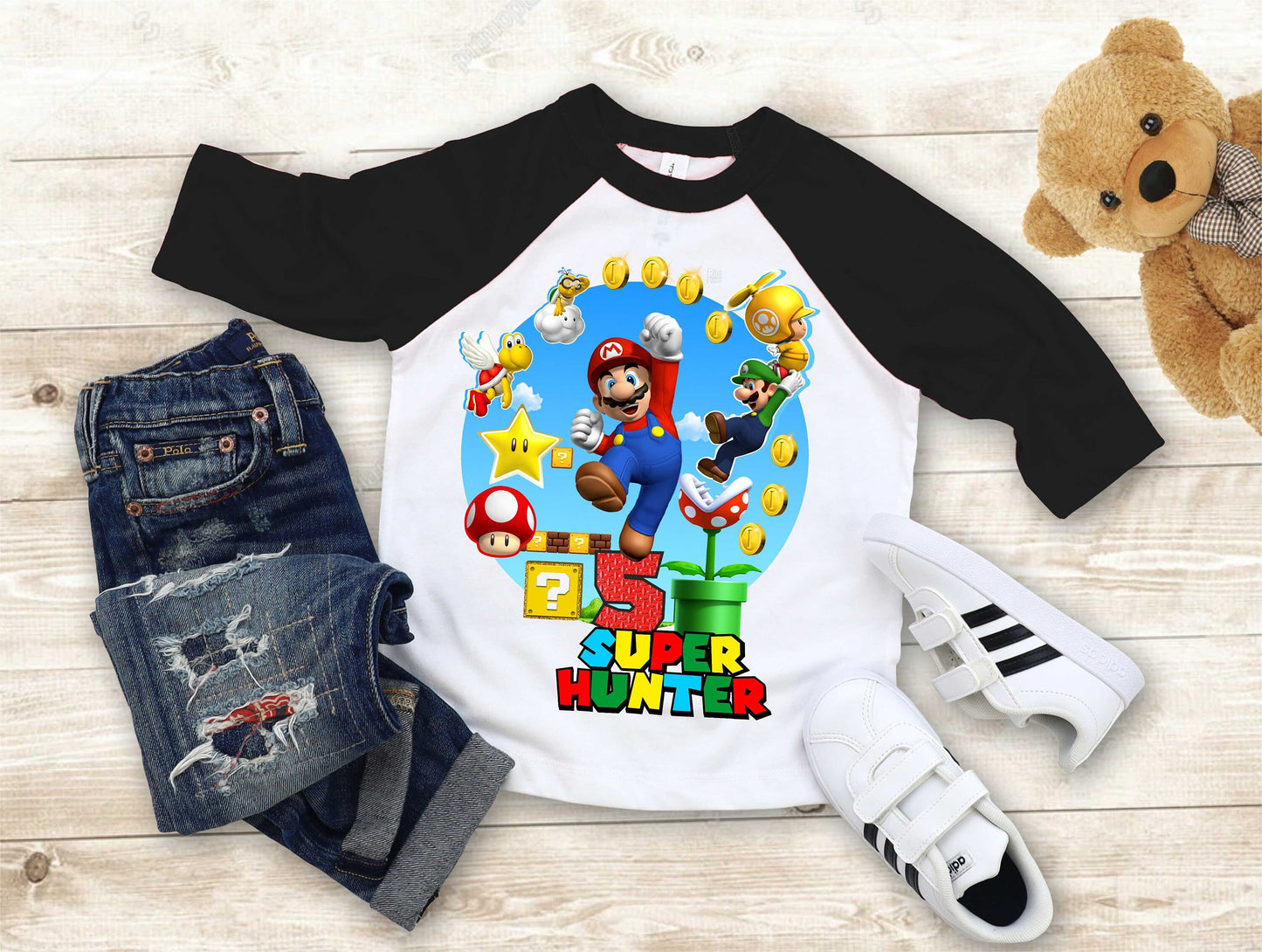 Mario Birthday Custom T Shirt, Personalized Family shirt, All colors, All Sizes, Short, 3/4 & Long Raglan Sleeves