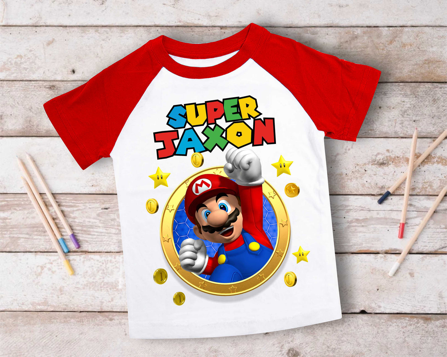Mario Birthday Custom T Shirt, Personalized Family shirt, All colors, All Sizes, Short, 3/4 & Long Raglan Sleeves