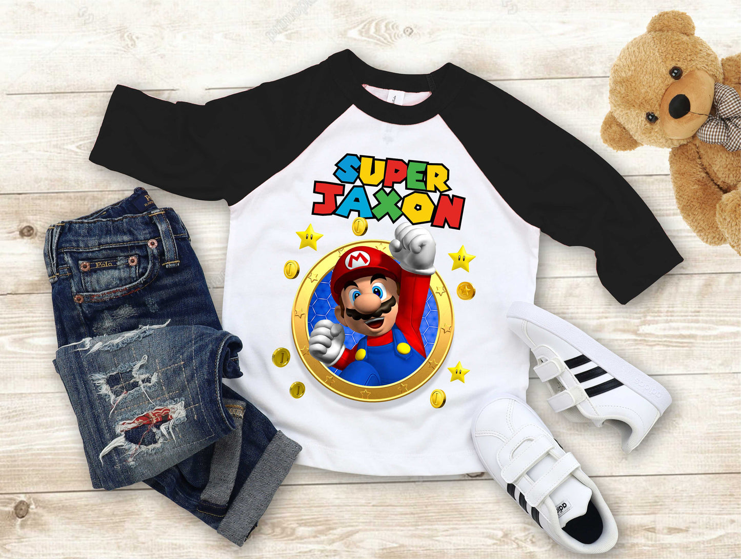 Mario Birthday Custom T Shirt, Personalized Family shirt, All colors, All Sizes, Short, 3/4 & Long Raglan Sleeves