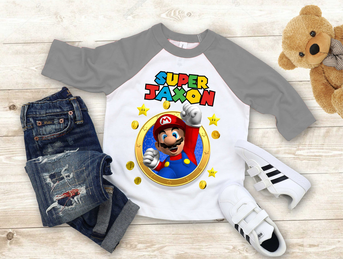 Mario Birthday Custom T Shirt, Personalized Family shirt, All colors, All Sizes, Short, 3/4 & Long Raglan Sleeves