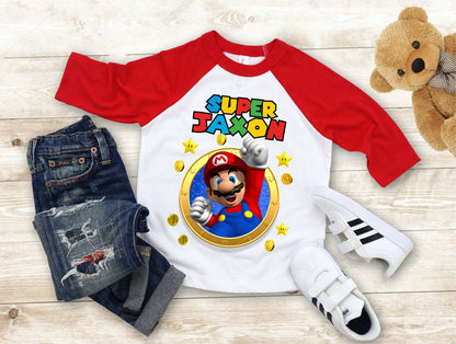 Mario Birthday Custom T Shirt, Personalized Family shirt, All colors, All Sizes, Short, 3/4 & Long Raglan Sleeves