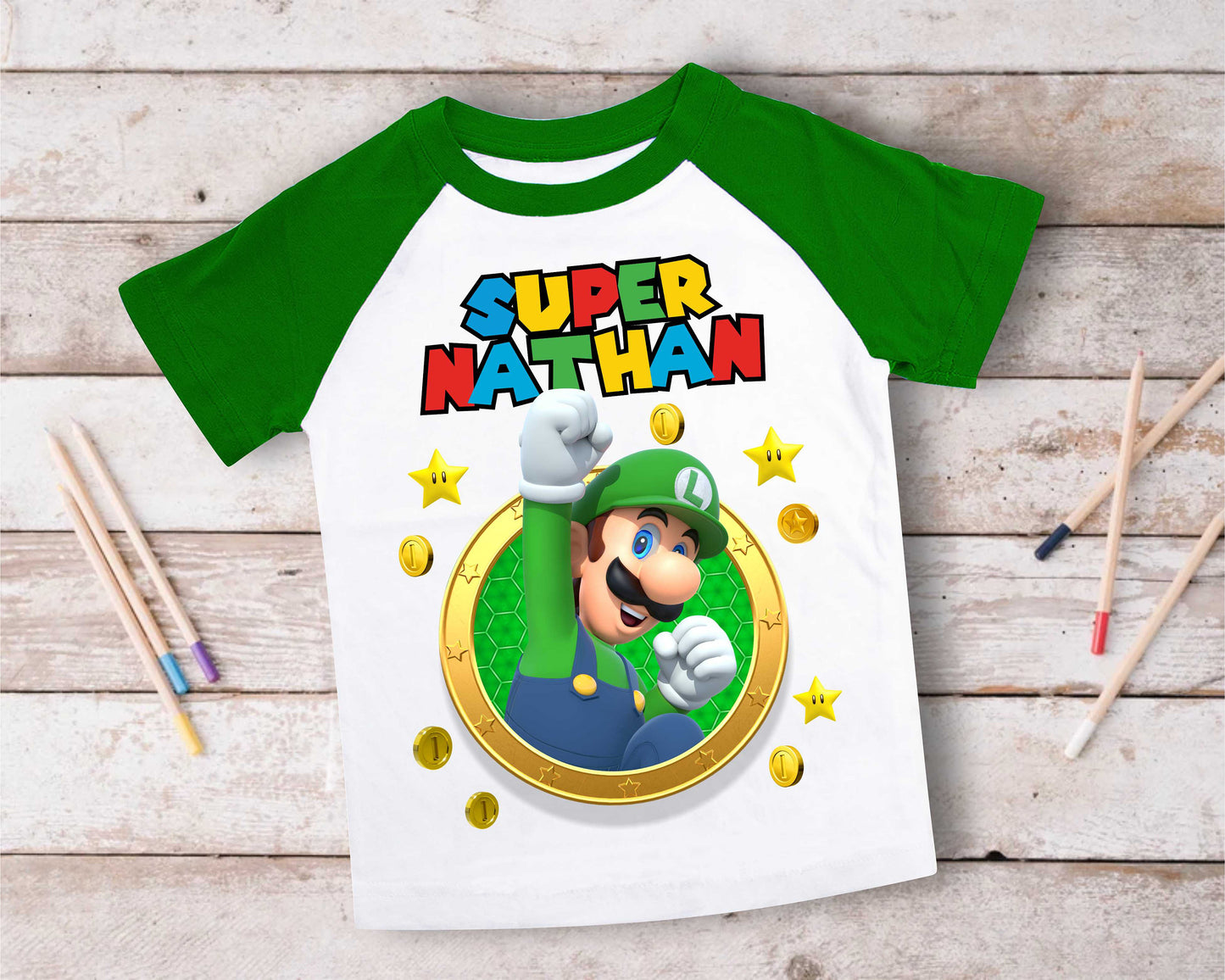 Luigi Birthday T Shirt, Super gift, Mario Personalized Family shirt, All colors, All Sizes, Short, 3/4 & Long Raglan Sleeves