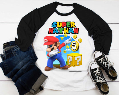 Mario Birthday Custom T Shirt, Personalized Family shirt, All colors, All Sizes, Short, 3/4 & Long Raglan Sleeves