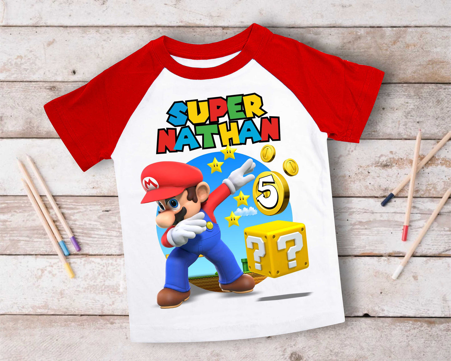 Mario Birthday Custom T Shirt, Personalized Family shirt, All colors, All Sizes, Short, 3/4 & Long Raglan Sleeves