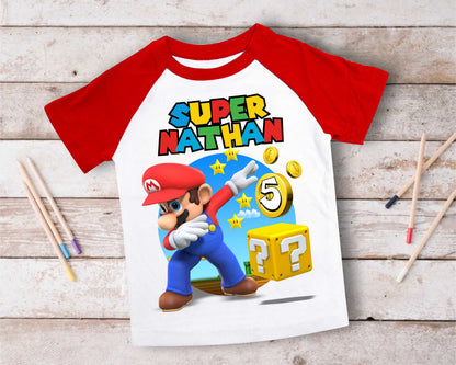Mario Birthday Custom T Shirt, Personalized Family shirt, All colors, All Sizes, Short, 3/4 & Long Raglan Sleeves