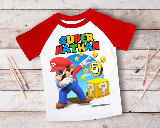 Mario Birthday Custom T Shirt, Personalized Family shirt, All colors, All Sizes, Short, 3/4 & Long Raglan Sleeves