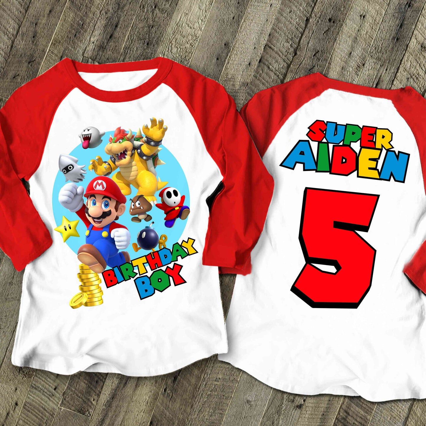 Mario Birthday Custom T Shirt, Personalized Family shirt, All colors, All Sizes, Short, 3/4 & Long Raglan Sleeves