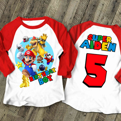Mario Birthday Custom T Shirt, Personalized Family shirt, All colors, All Sizes, Short, 3/4 & Long Raglan Sleeves
