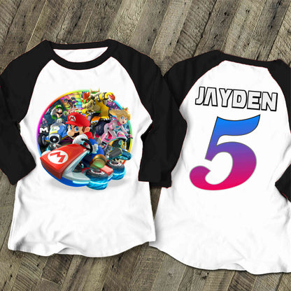 Mario Birthday Custom T Shirt, Personalized Family shirt, All colors, All Sizes, Short, 3/4 & Long Raglan Sleeves
