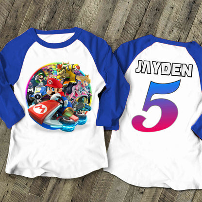 Mario Birthday Custom T Shirt, Personalized Family shirt, All colors, All Sizes, Short, 3/4 & Long Raglan Sleeves