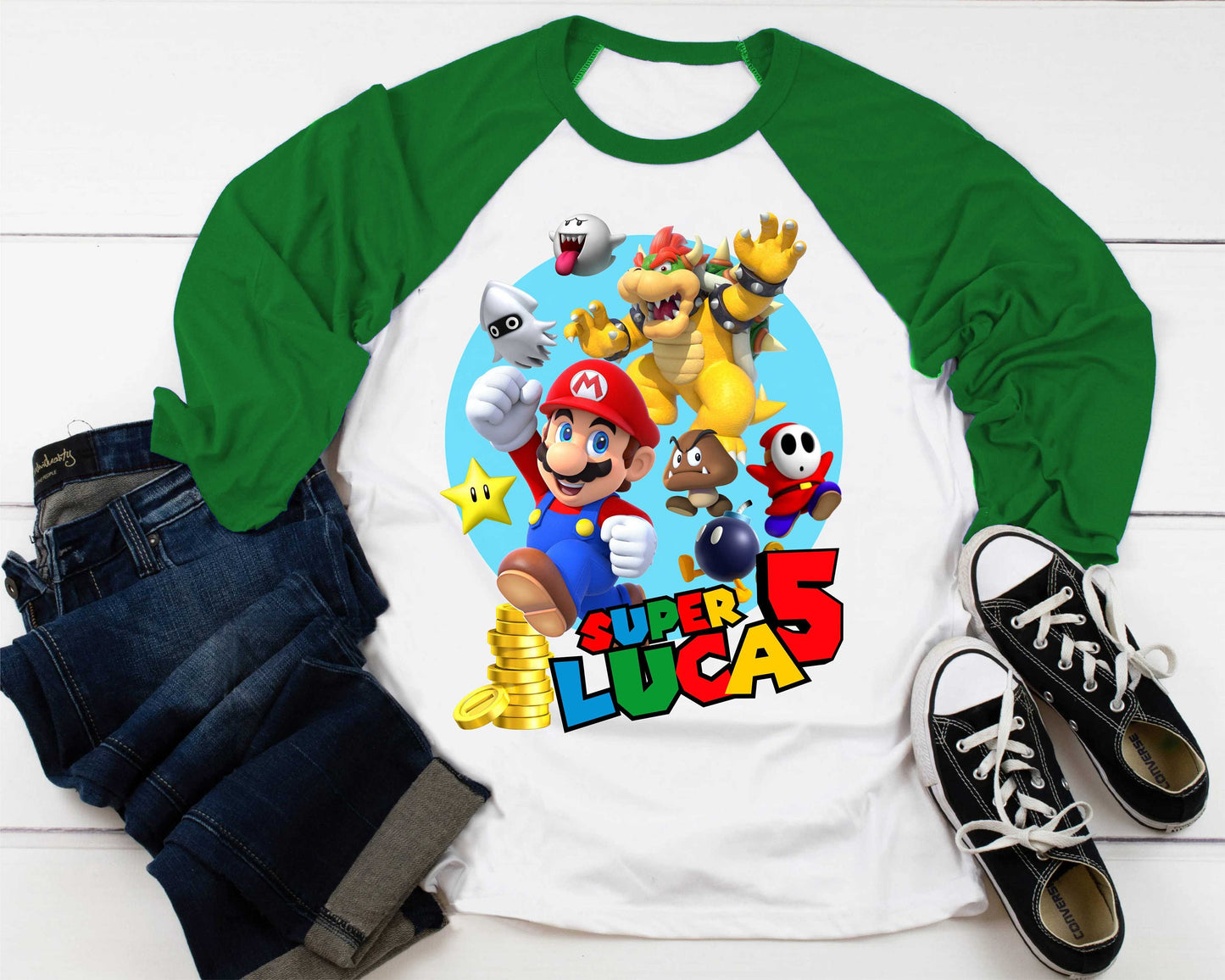 Mario Birthday Custom T Shirt, Personalized Family shirt, All colors, All Sizes, Short, 3/4 & Long Raglan Sleeves