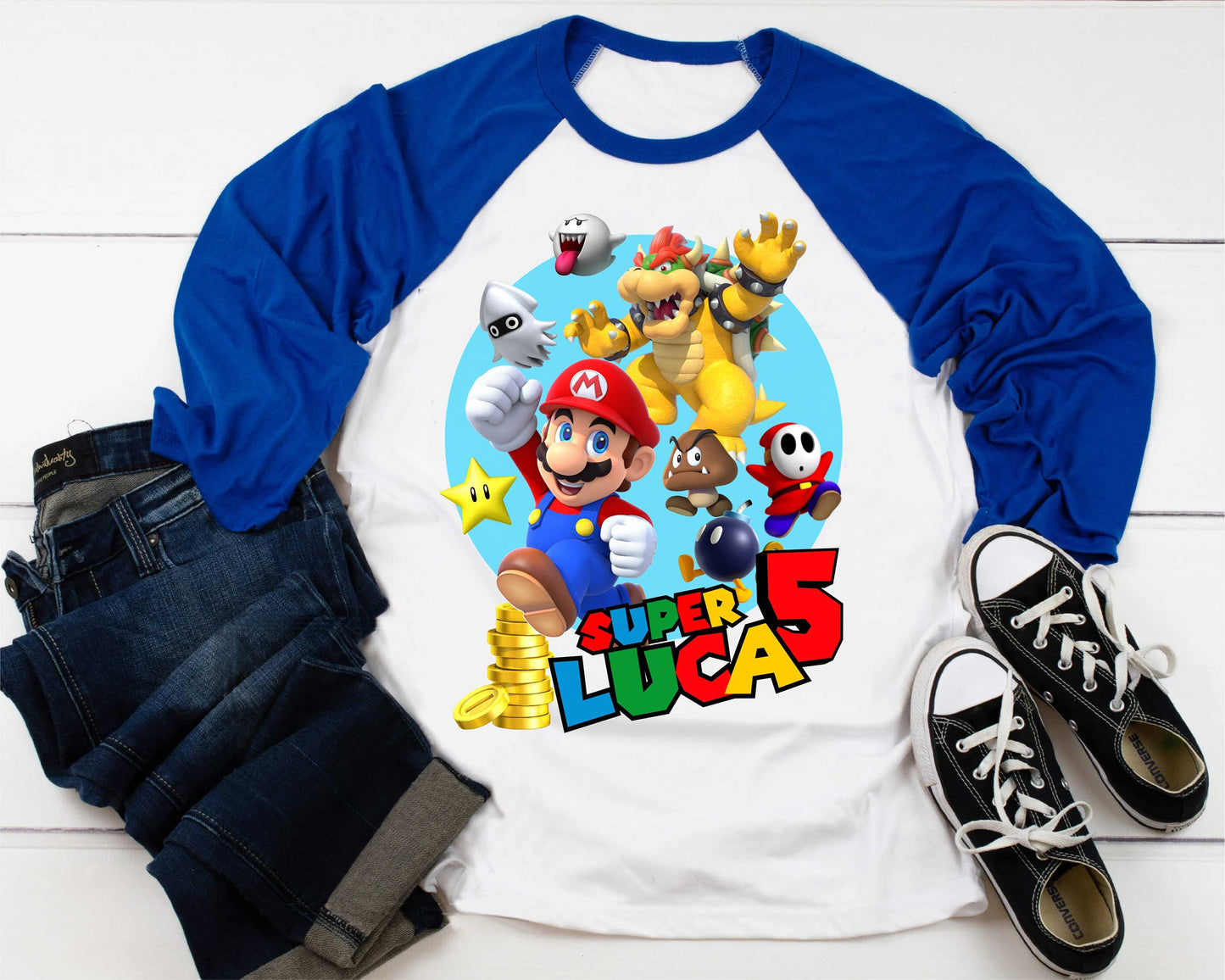 Mario Birthday Custom T Shirt, Personalized Family shirt, All colors, All Sizes, Short, 3/4 & Long Raglan Sleeves