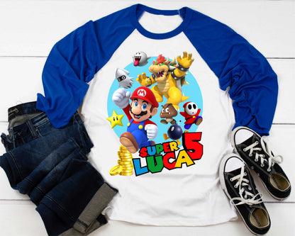 Mario Birthday Custom T Shirt, Personalized Family shirt, All colors, All Sizes, Short, 3/4 & Long Raglan Sleeves
