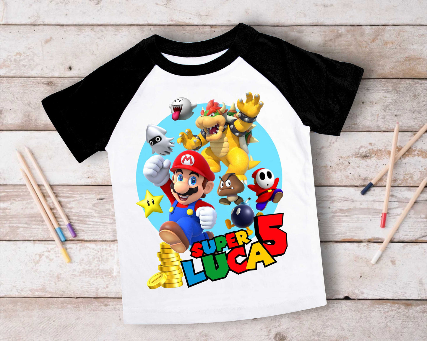 Mario Birthday Custom T Shirt, Personalized Family shirt, All colors, All Sizes, Short, 3/4 & Long Raglan Sleeves
