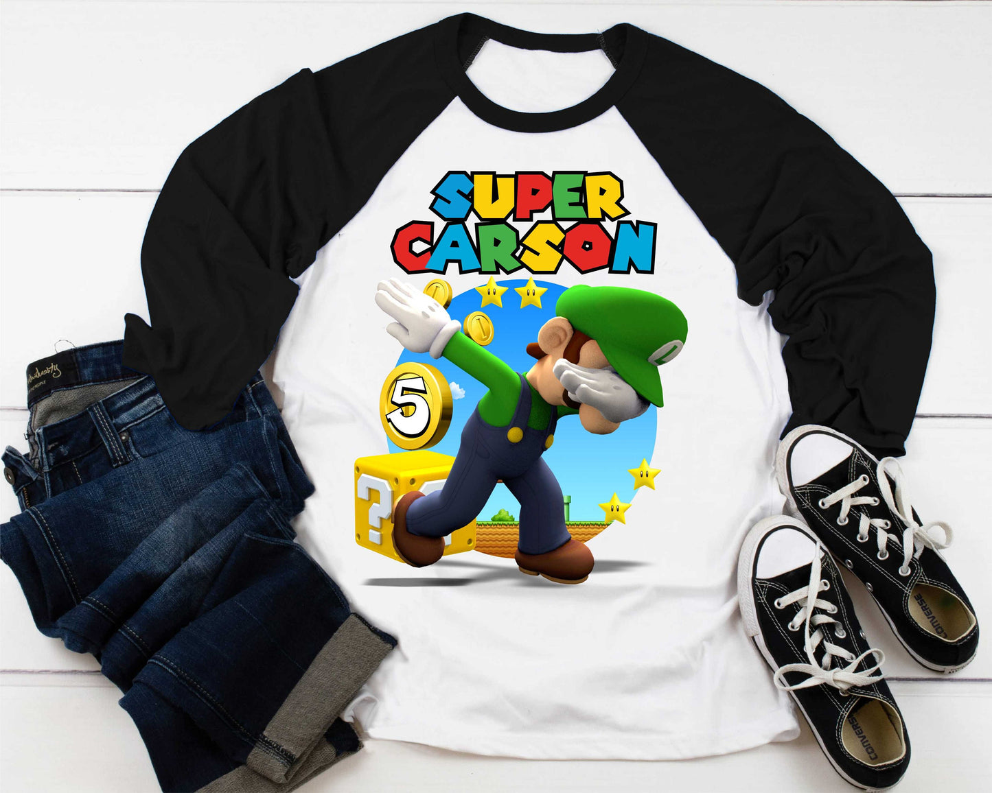 Luigi Birthday T Shirt, Super gift, Mario Personalized Family shirt, All colors, All Sizes, Short, 3/4 & Long Raglan Sleeves