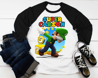 Luigi Birthday T Shirt, Super gift, Mario Personalized Family shirt, All colors, All Sizes, Short, 3/4 & Long Raglan Sleeves