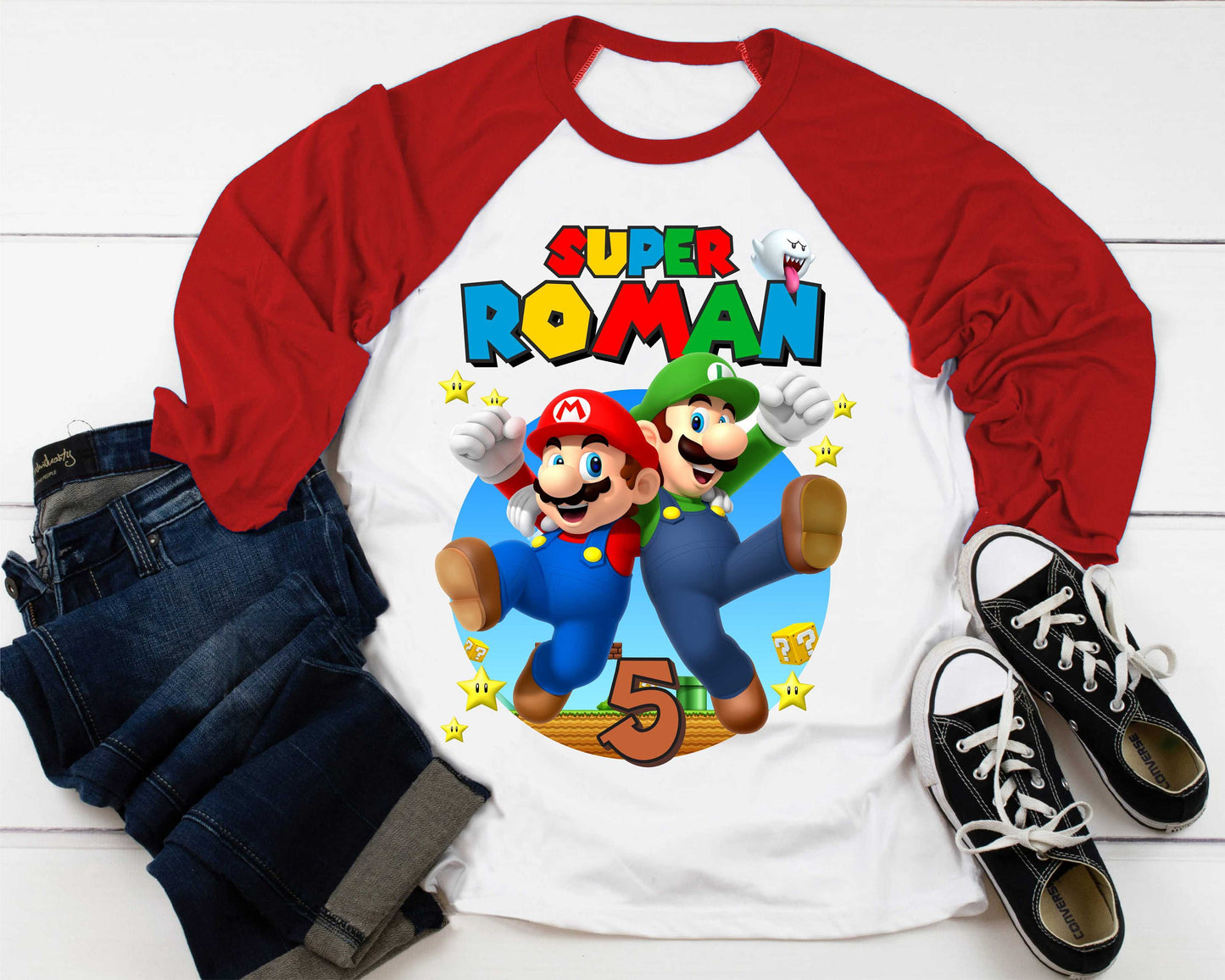 Mario Birthday Custom T Shirt, Personalized Family shirt, All colors, All Sizes, Short, 3/4 & Long Raglan Sleeves