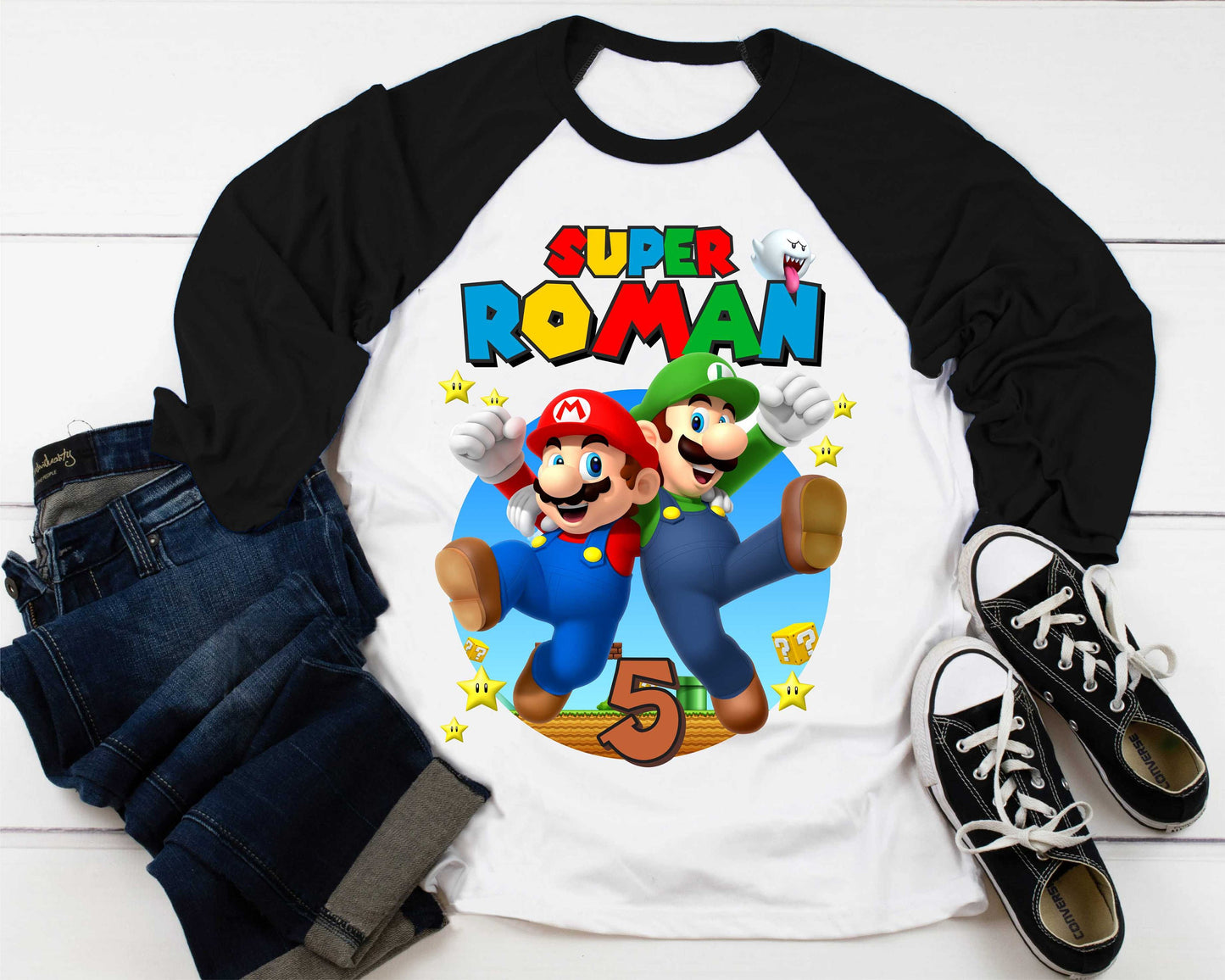 Mario Birthday Custom T Shirt, Personalized Family shirt, All colors, All Sizes, Short, 3/4 & Long Raglan Sleeves