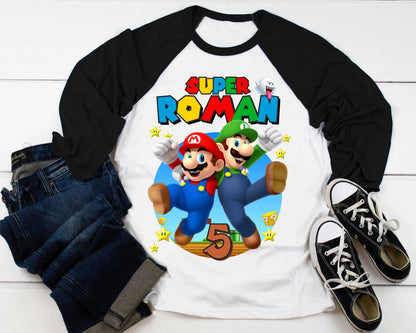 Mario Birthday Custom T Shirt, Personalized Family shirt, All colors, All Sizes, Short, 3/4 & Long Raglan Sleeves