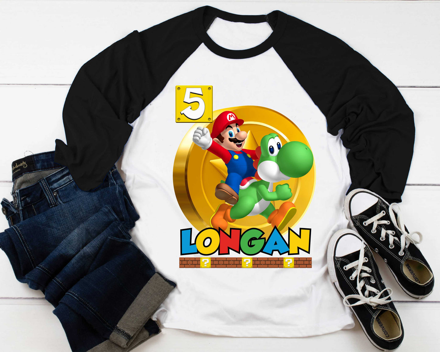 Mario Birthday Custom T Shirt, Personalized Family shirt, All colors, All Sizes, Short, 3/4 & Long Raglan Sleeves