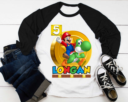 Mario Birthday Custom T Shirt, Personalized Family shirt, All colors, All Sizes, Short, 3/4 & Long Raglan Sleeves