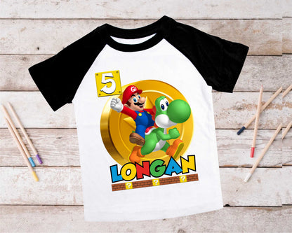 Mario Birthday Custom T Shirt, Personalized Family shirt, All colors, All Sizes, Short, 3/4 & Long Raglan Sleeves