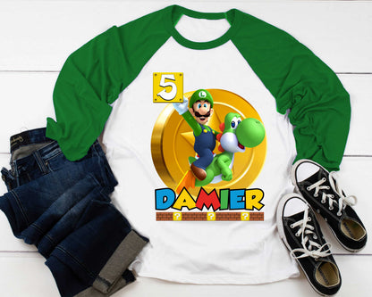 Luigi Birthday T Shirt, Super gift, Mario Personalized Family shirt, All colors, All Sizes, Short, 3/4 & Long Raglan Sleeves