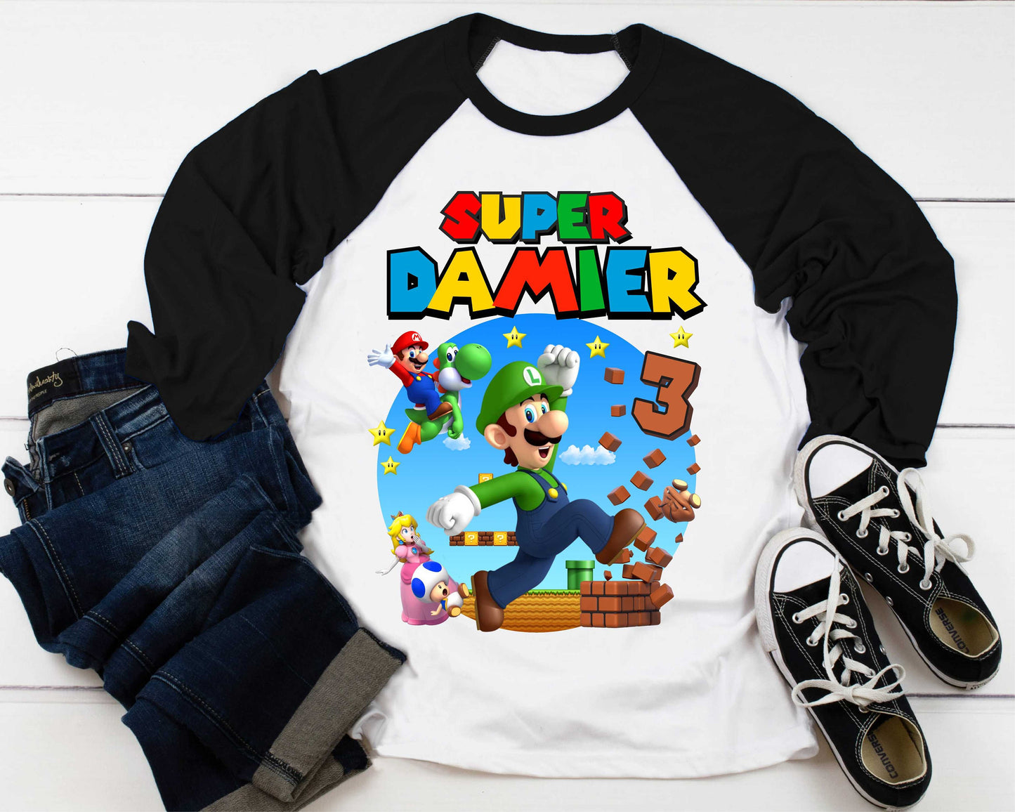 Luigi Birthday T Shirt, Super gift, Mario Personalized Family shirt, All colors, All Sizes, Short, 3/4 & Long Raglan Sleeves