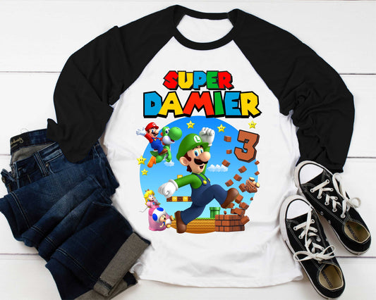 Luigi Birthday T Shirt, Super gift, Mario Personalized Family shirt, All colors, All Sizes, Short, 3/4 & Long Raglan Sleeves
