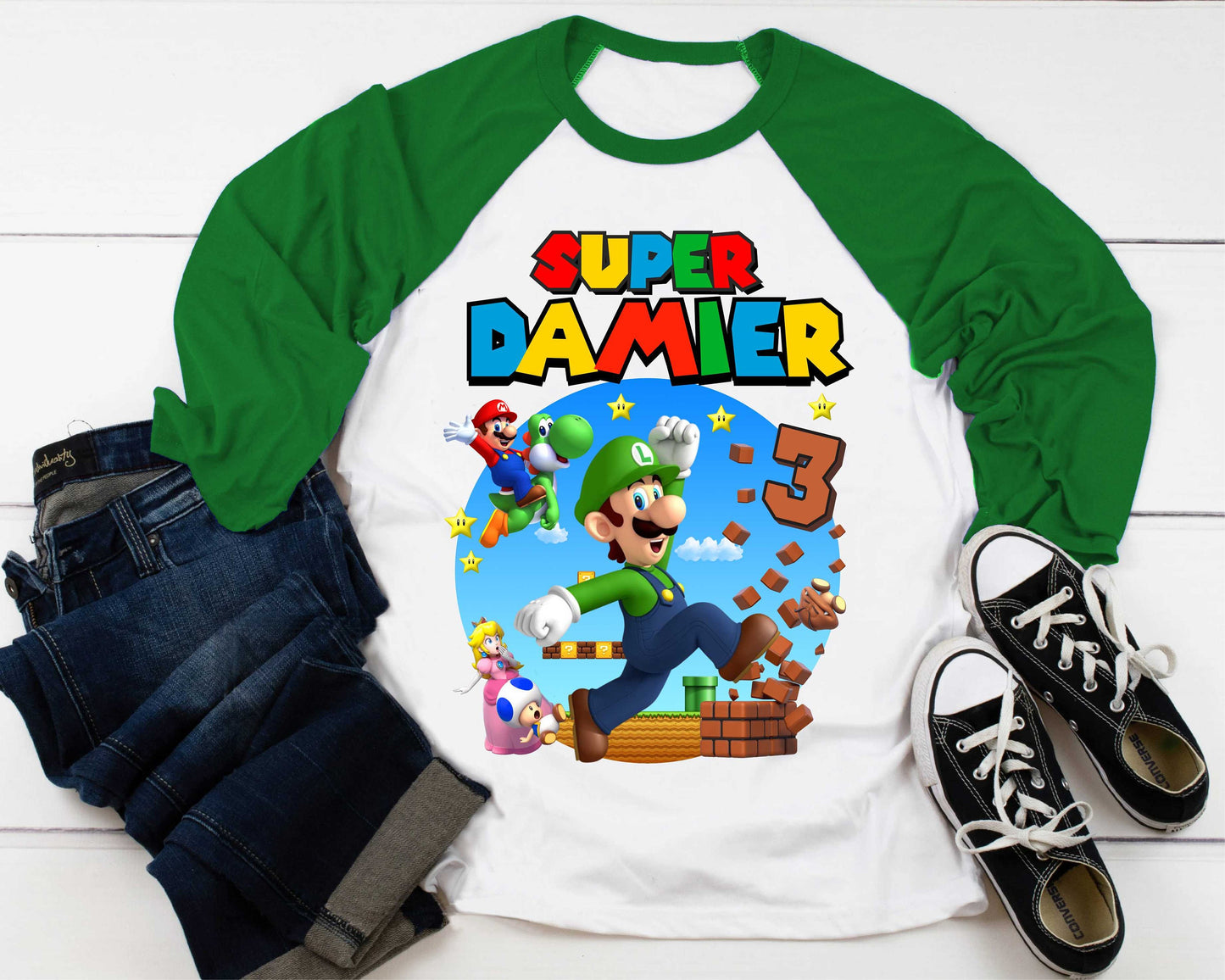 Luigi Birthday T Shirt, Super gift, Mario Personalized Family shirt, All colors, All Sizes, Short, 3/4 & Long Raglan Sleeves