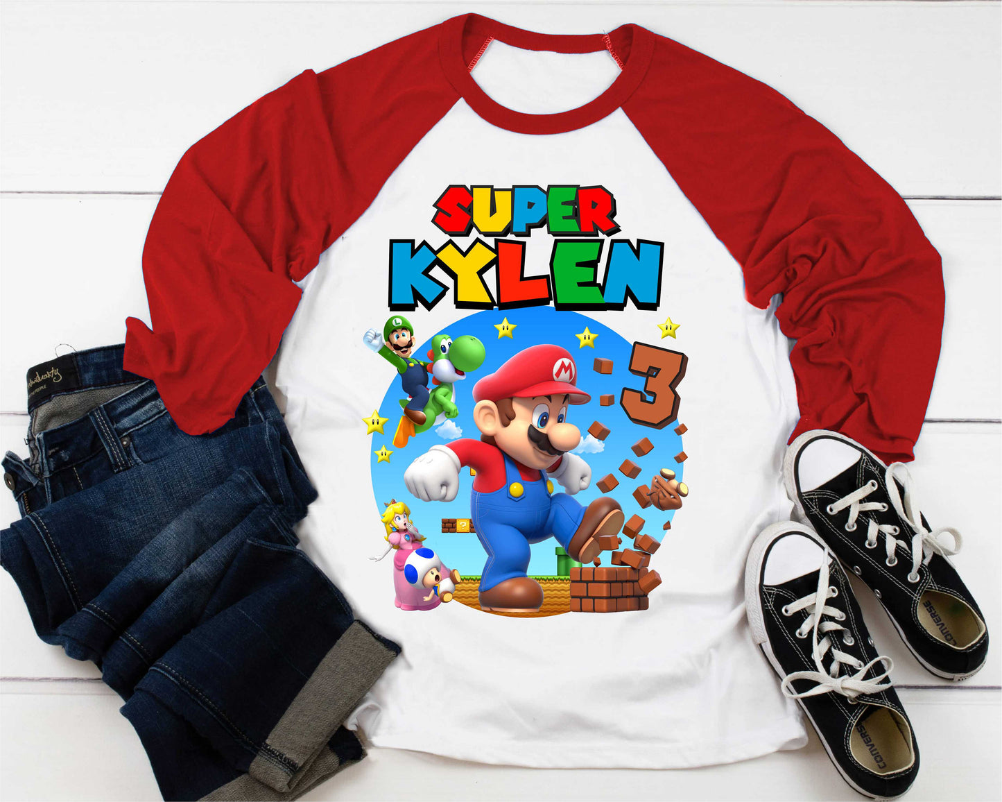 Mario Birthday Custom T Shirt, Personalized Family shirt, All colors, All Sizes, Short, 3/4 & Long Raglan Sleeves