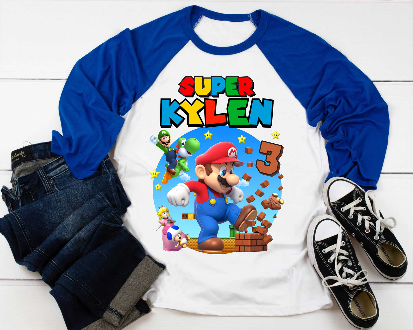 Mario Birthday Custom T Shirt, Personalized Family shirt, All colors, All Sizes, Short, 3/4 & Long Raglan Sleeves